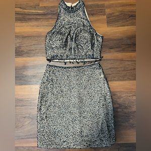 Jovani Sequin Two-Piece Set Top + Skirt Size 4 Tan w/ Black sequins + Tassels